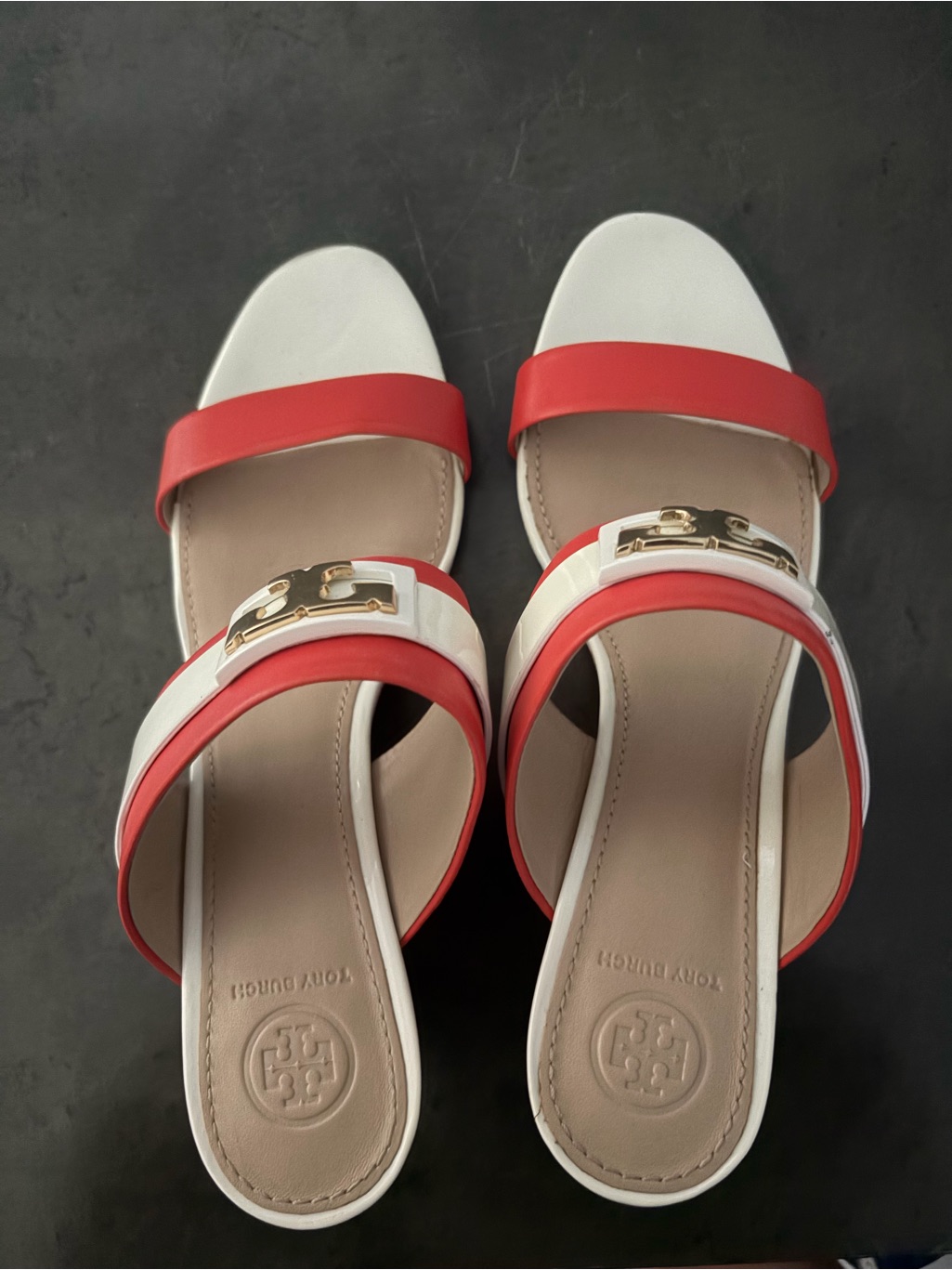 Tory Burch White And Coral Double Strap Wedge Sandals With Gold Logo Accent